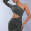 Petite Robe Très Moulante Froncée Vert Olive Asymétrique Découpée à La Taille -Jolie Vêtue Soldes Magasin a50d234084e5b5f85aa99d5064a81e7bcaf75dc2 cnd4335 1
