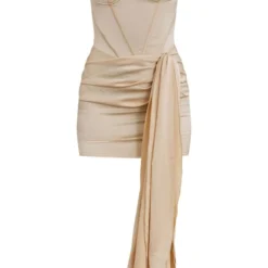 Robe Moulante Texturée Champagne Satinée à Détail Corset Et Jupe Drapée -Jolie Vêtue Soldes Magasin a569bbc18f1d5dbd0afa9b94eec28bf4bbe1cbea cnc3051 5