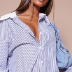 Robe Chemise Oversize Bleue à Rayures Et Col Contrastant -Jolie Vêtue Soldes Magasin a5d90737b6040c1b0dcfb1b1b148a76955015ac6 cnd1234 4
