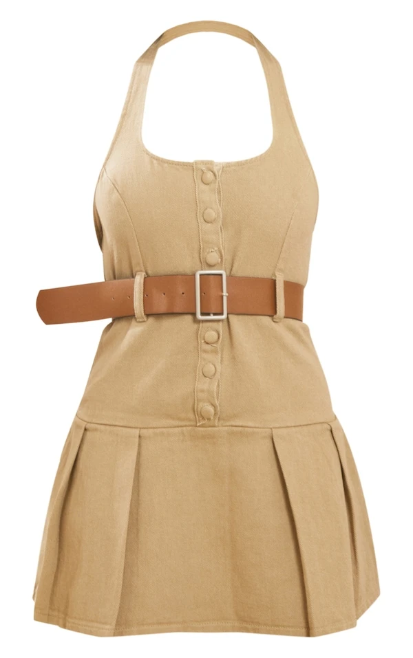 Mini Robe Dos Nu En Jean Marron Clair à Ceinture Tressée Et Jupe Plissée 7 Mini Robe Dos Nu En Jean Marron Clair à Ceinture Tressée Et Jupe Plissée – Image 5