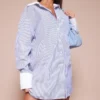 Robe Chemise Oversize Bleue à Rayures Et Col Contrastant