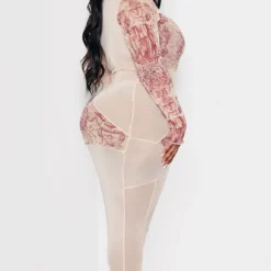 Plus Robe Mi-longue En Mesh Marron Imprimé Statue Contrastant -Jolie Vêtue Soldes Magasin a695d4a2444a0eca9ef39096b3188eeeb21da683 cne0540 2