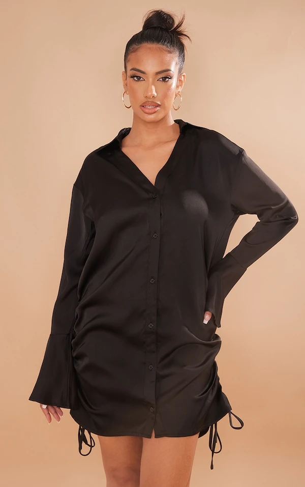 Robe Chemise Satinée Noire à Manches évasées à Double Fronce 5 Robe Chemise Satinée Noire à Manches évasées à Double Fronce – Image 3