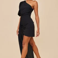 Robe Moulante Asymétrique Noire Drapée à Manche Bouffante -Jolie Vêtue Soldes Magasin a6c5d35ef24b61492e23f3078d2677a9d064bd3b cnc3077 3