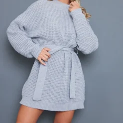 Robe Pull En Maille Tricot Gaufrée Grise
