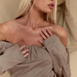 Robe Moulante Effet Lin Champignon Froncée à Col Bardot -Jolie Vêtue Soldes Magasin a739fe9d952578176f54edc70d49d252b9a290ea cnd7647 4