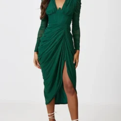 Robe Mi-longue En Mesh Froncé Drapé Vert émeraude à Manches Longues -Jolie Vêtue Soldes Magasin a823b55f7b19ebdb8bfb25e99c7cec89625d8464 cnc7626 3