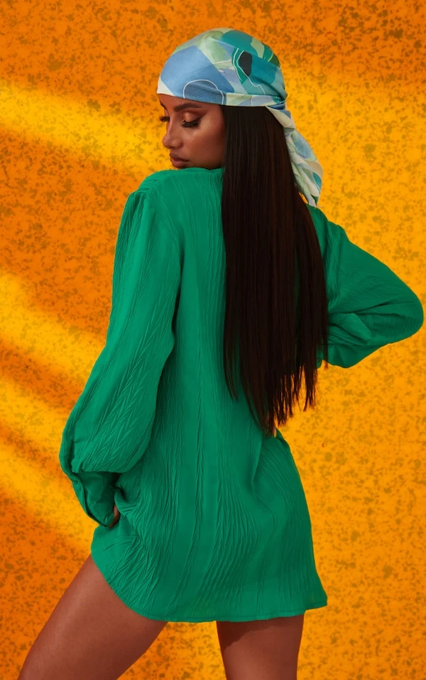 Robe Chemise Verte Froncée Devant Texturée à Manches Longues 5 Robe Chemise Verte Froncée Devant Texturée à Manches Longues – Image 3