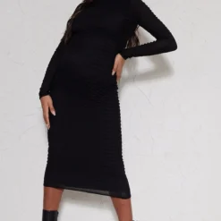 Maternité Robe De Grossesse Mi-longue Froncée Noire à Manches Longues -Jolie Vêtue Soldes Magasin a92dff95b99d5865554af053318e51ced9811783 cnd0103 3