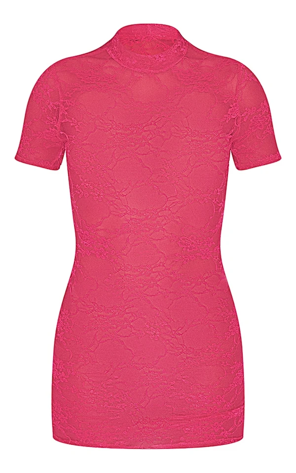 Robe Moulante En Dentelle Fleurie Rose à Col Montant 7 Robe Moulante En Dentelle Fleurie Rose à Col Montant – Image 5