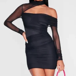 Robe Asymétrique Moulante En Mesh Drapé Noir à Col Montant Et Fronces
