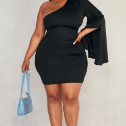 Plus Robe Asymétrique Moulante Crêpée Noire