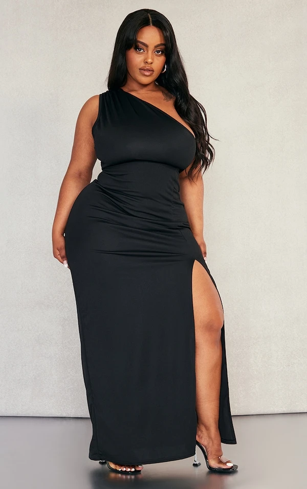 Plus Robe Longue Noire à épaule Unique Et Fente Latérale 5 Plus Robe Longue Noire à épaule Unique Et Fente Latérale – Image 3
