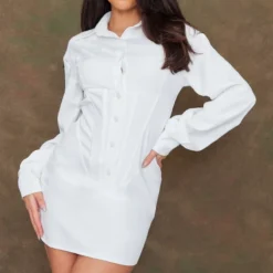 Robe Chemise Style Corset Blanche à Manches Longues -Jolie Vêtue Soldes Magasin aa431eb65c06e45482441ea955faa8e33bbacabd cnb9191 1