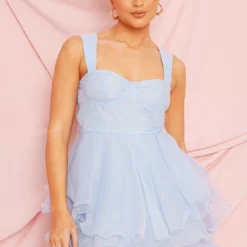 Robe Patineuse Bleu Minéral En Organza à Bretelles épaisses Et Superpositions