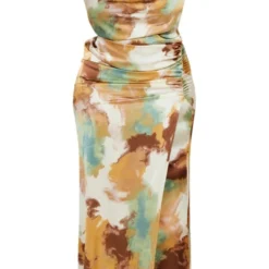 Plus Robe Longue Satinée Marron à Imprimé Et Col Bénitier -Jolie Vêtue Soldes Magasin abdbd69391a5636d471b44184960945bcc3ecc32 cne7581 5