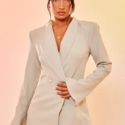 Robe Blazer Sauge à Double Boutonnière Et Manches Flûtes