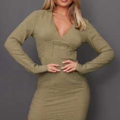 Robe Corset Style Chemise Texturée Kaki