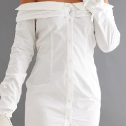 Robe Moulante Boutonnée Blanche En Maille Tissée Froncée à Col Bardot -Jolie Vêtue Soldes Magasin acae933d78f2aaa115270eded52077b6895e680d cnc8292 4