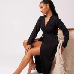 Robe De Chambre Longue En Jersey Brossé Noir