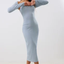 Robe Bustier Mi-longue Côtelée Texturée Bleu Acier à Détail Manches -Jolie Vêtue Soldes Magasin ad3def1ef785d2a3e83d26a6e138a03b1cb98317 cnd6103 3