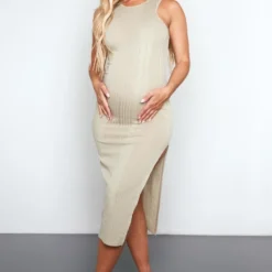 Maternité Robe De Grossesse Mi-longue Côtelée Brossée Vert Sauge à Dos Nageur