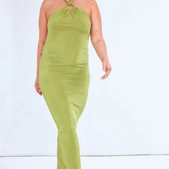 Plus Robe Moulante Mi-longue En Acétate Vert Olive à Anneau