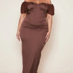 Plus Robe-corset Mi-longue Chocolat à Manches Drapées