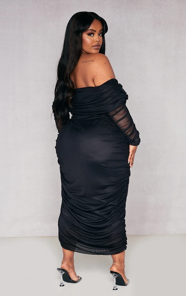 Plus Robe Mi-longue En Mesh Noir à Col Bardot Et Manches Longues 4 Plus Robe Mi-longue En Mesh Noir à Col Bardot Et Manches Longues – Image 2