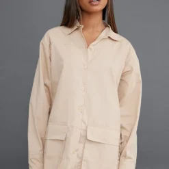 Robe Chemise Sable à Manches Longues Et Poches Cargo