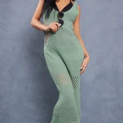 Tall Robe Longue En Crochet Vert Olive à Décolleté