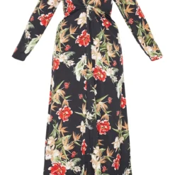 Plus - Longue Robe Noire à Imprimé Floral Torsadée Devant -Jolie Vêtue Soldes Magasin b088b79951aaa295d2f95fca6e70c44c50b49648 CLV2347 3