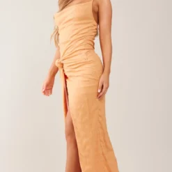 Robe Longue Texturée Orange à Col Bénitier Noué -Jolie Vêtue Soldes Magasin b09cc4af58c024e4604811dbf5fe20b14a76f62a cnd7603 3