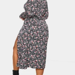Plus Robe Mi-longue Noire Imprimé Fleuri à Bonnets Et Fente -Jolie Vêtue Soldes Magasin b11ca2c9fda553a475ced1d449f59e6bfa075522 cmn9539 2