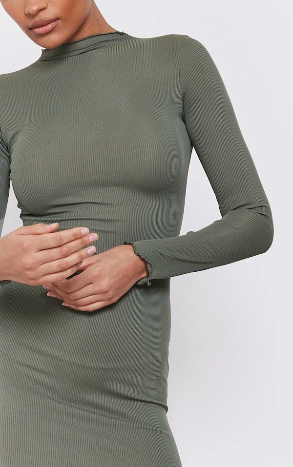 Robe Mi-longue Côtelée Kaki à Manches Longues Et Ourlet Légèrement Volanté 6 Robe Mi-longue Côtelée Kaki à Manches Longues Et Ourlet Légèrement Volanté – Image 4