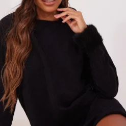 Robe Pull Oversize En Velours Côtelé Noir à Manchettes En Fausse Fourrure -Jolie Vêtue Soldes Magasin b17ddbba77c7ef22bc850a002a013da1b56ea67b cnb1547 4