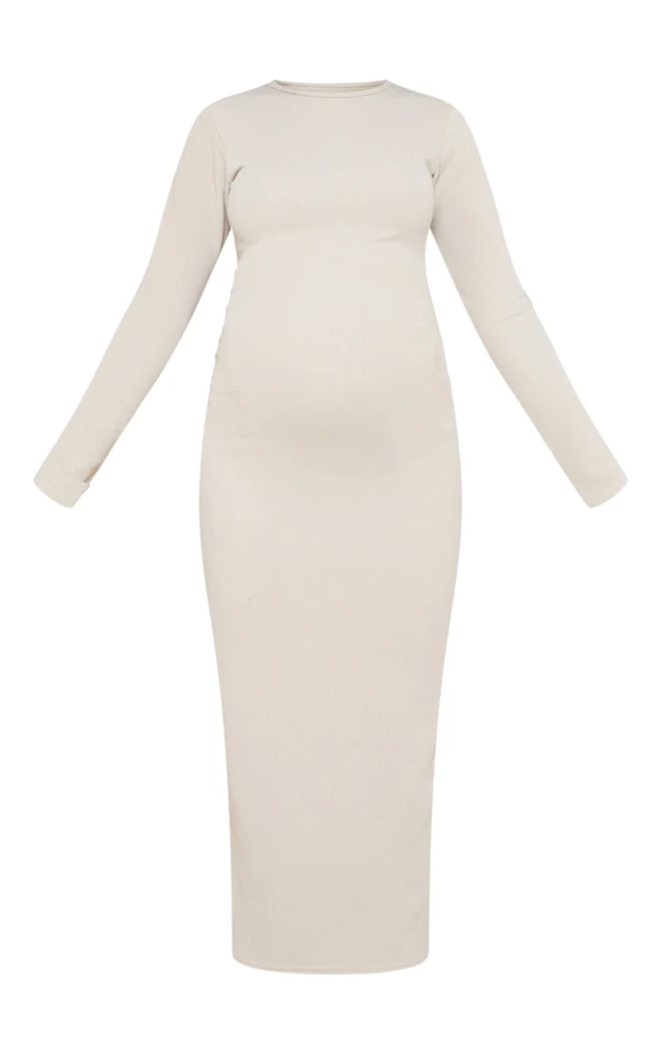 Maternité Robe De Grossesse Mi-longue Côtelée Gris Pierre à Manches Longues 7 Maternité Robe De Grossesse Mi-longue Côtelée Gris Pierre à Manches Longues – Image 5