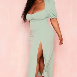 Plus Robe Mi-longue Vert Sauge à Manche Bouffantes -Jolie Vêtue Soldes Magasin b1f63b08e5b2aa1b4e94a0b1bad3263cd4aec42b cmz1493 4
