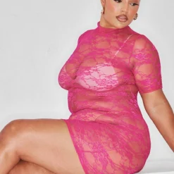 Plus Robe Moulante Rose En Dentelle Fleurie à Col Montant -Jolie Vêtue Soldes Magasin b31fbb0011369abe21f2875a284968fb29d9bfa2 cne6572 4