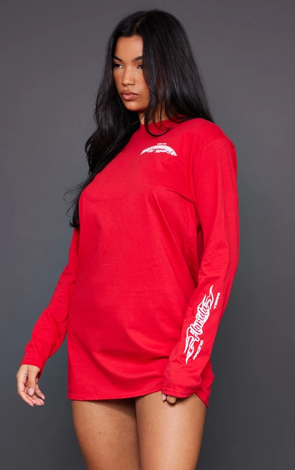 Robe T-shirt Rouge Délavé à Imprimé Motorcross 3 Robe T-shirt Rouge Délavé à Imprimé Motorcross