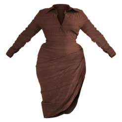Plus Robe Chemise Mi-longue Texturée Chocolat à Côté Froncé -Jolie Vêtue Soldes Magasin b337e2152fcf2dd95722835488d864ddf7e194e6 cnc5211 5