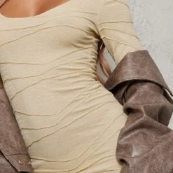 Robe Moulante Sable Clair Texturée à Col Rond Et Manches Longues -Jolie Vêtue Soldes Magasin b352cd816065812dc3206814232bb4d159c76679 cnd1273 4