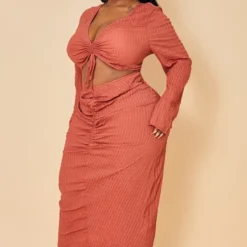 Plus Robe Mi-longue Texturée Froncée Rouille à Découpe -Jolie Vêtue Soldes Magasin b3ee6d5cefbd6359135a20565a8fb6adc8b86d36 cmw3067 4