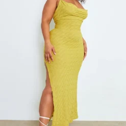 Plus Robe Longue Texturée Chartreuse à Col Bénitier -Jolie Vêtue Soldes Magasin b40ba309a4e7e315b3cb2233121d6e34ac5fbde3 cmy4397 4