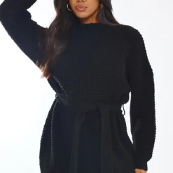Robe Pull En Maille Tricot Gaufrée Noir Profond