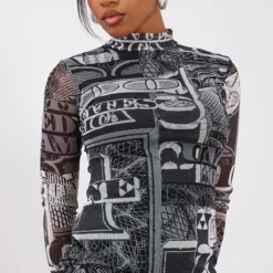 Robe Moulante En Mesh Froncé Noir & Blanc Imprimé Billets à Manches Longues -Jolie Vêtue Soldes Magasin b476243871924bcd60fd5d01609755714c2f38c7 cnb7171 4