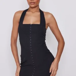 Robe Moulante Dos Nu En Maille Tissée Stretch Noire à Oeillets & Crochets -Jolie Vêtue Soldes Magasin b4944d321a28a7d5a2368d17d44a1defb5172f9b cnd5852 1