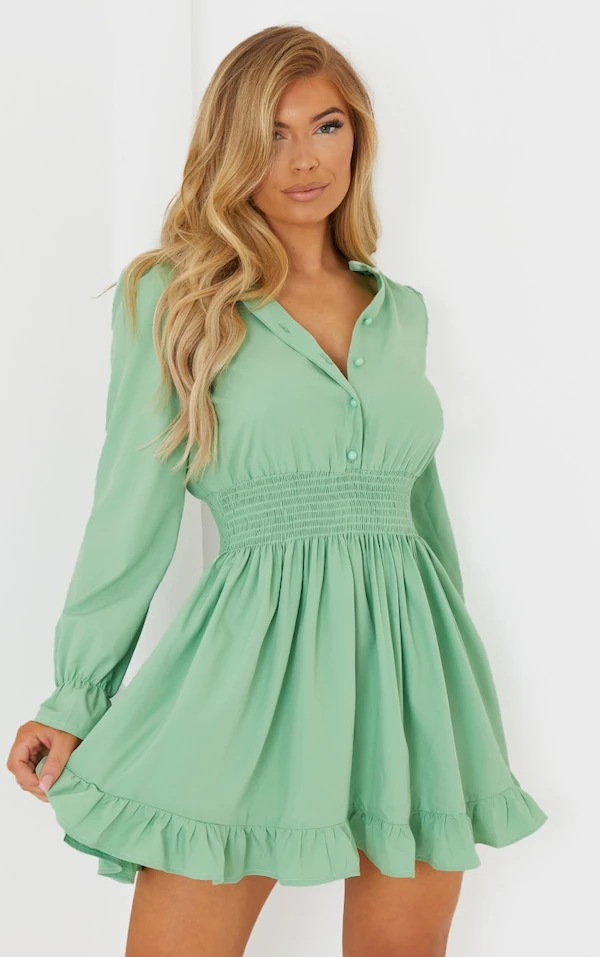 Robe Chemise Vert Sauge Resserrée à La Taille 3 Robe Chemise Vert Sauge Resserrée à La Taille