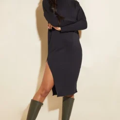 Robe Pull Mi-longue Oversize Noire Fendue En Sweat