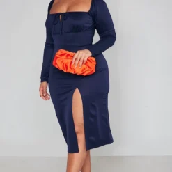 Plus Robe Mi-longue Bleu Marine Nouée Devant à Manches Bouffantes -Jolie Vêtue Soldes Magasin b53d321dd10f0566e97f4d773666bdbfa11cccab cnc2192 3